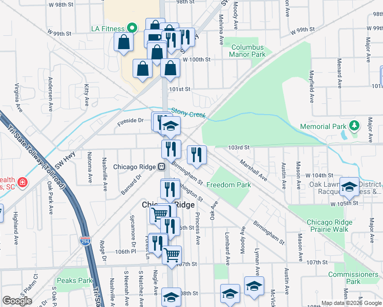 map of restaurants, bars, coffee shops, grocery stores, and more near 10246 Kerry Ridge Court in Chicago Ridge