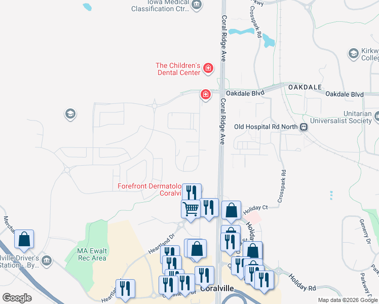 map of restaurants, bars, coffee shops, grocery stores, and more near 2865 Coral Court in Coralville