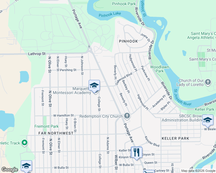 map of restaurants, bars, coffee shops, grocery stores, and more near 2099 Portage Avenue in South Bend