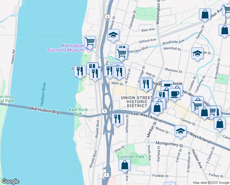 map of restaurants, bars, coffee shops, grocery stores, and more near 25 South Clover Street in Poughkeepsie