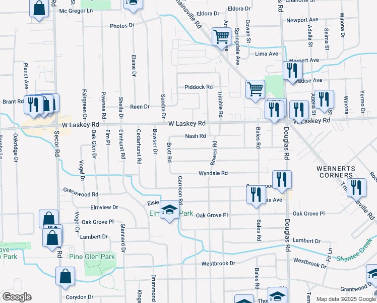 map of restaurants, bars, coffee shops, grocery stores, and more near 2859 Boxwood Road in Toledo