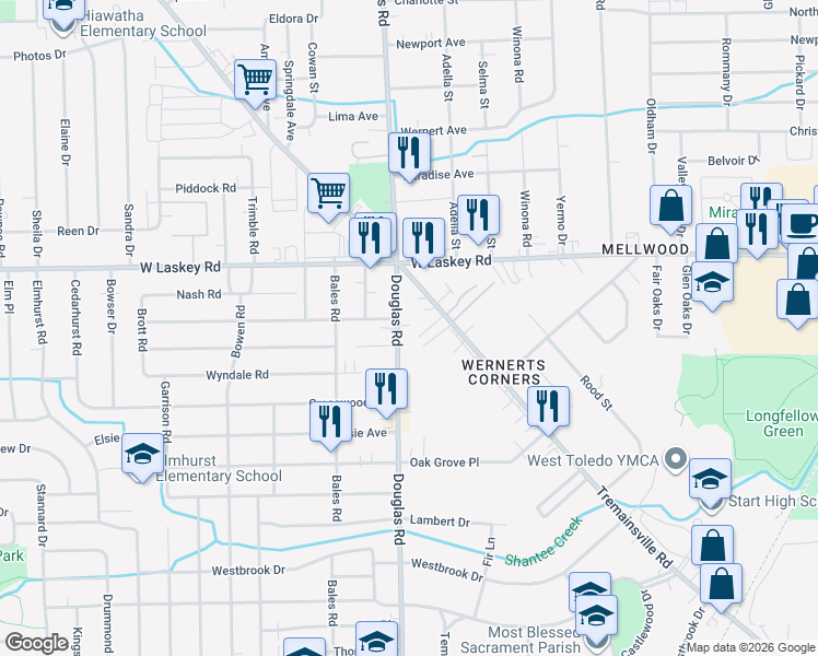 map of restaurants, bars, coffee shops, grocery stores, and more near in Toledo