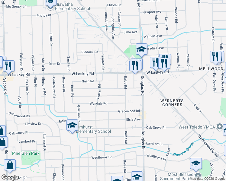 map of restaurants, bars, coffee shops, grocery stores, and more near 2649 Boxwood Road in Toledo