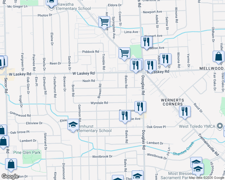 map of restaurants, bars, coffee shops, grocery stores, and more near 2649 Boxwood Road in Toledo