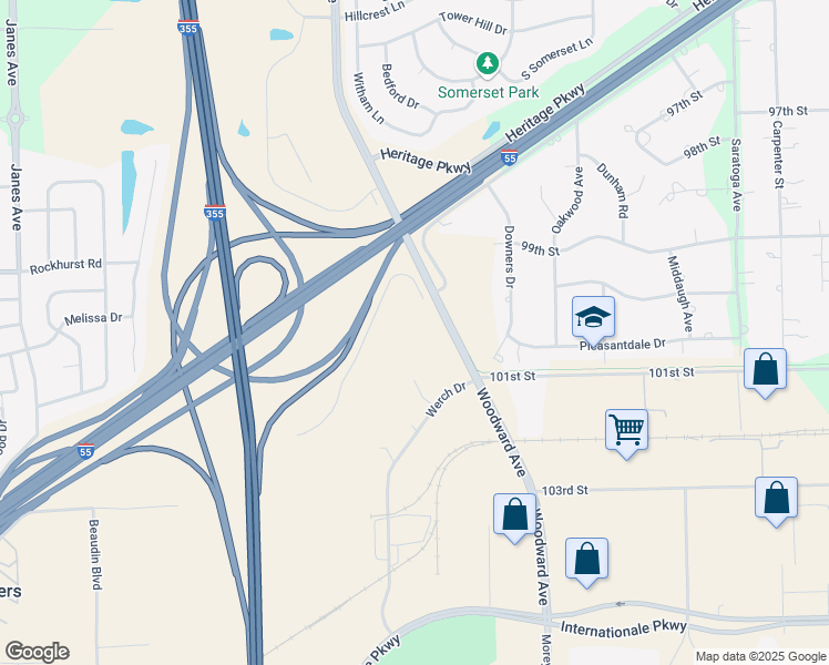 map of restaurants, bars, coffee shops, grocery stores, and more near 10000 Woodward Avenue in Woodridge