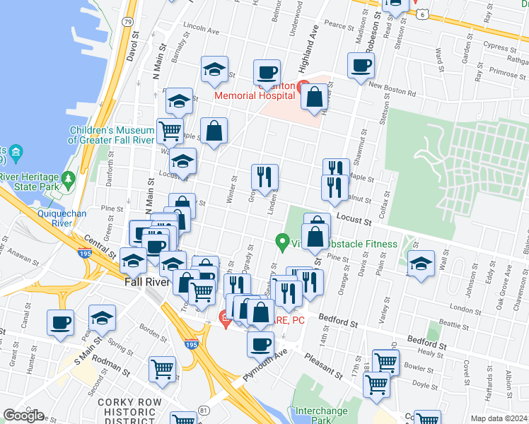 map of restaurants, bars, coffee shops, grocery stores, and more near 600 Cherry Street in Fall River