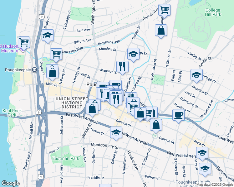 map of restaurants, bars, coffee shops, grocery stores, and more near 294 Mill Street in Poughkeepsie
