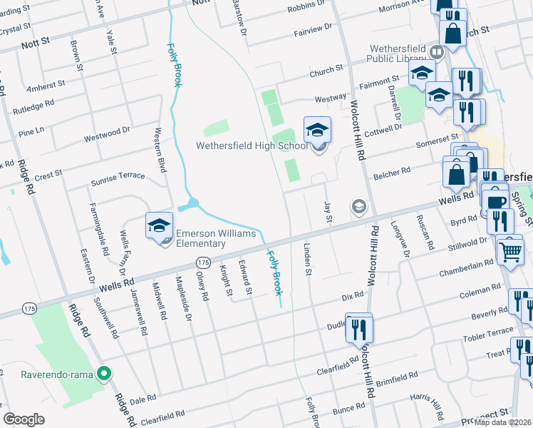 map of restaurants, bars, coffee shops, grocery stores, and more near in Wethersfield