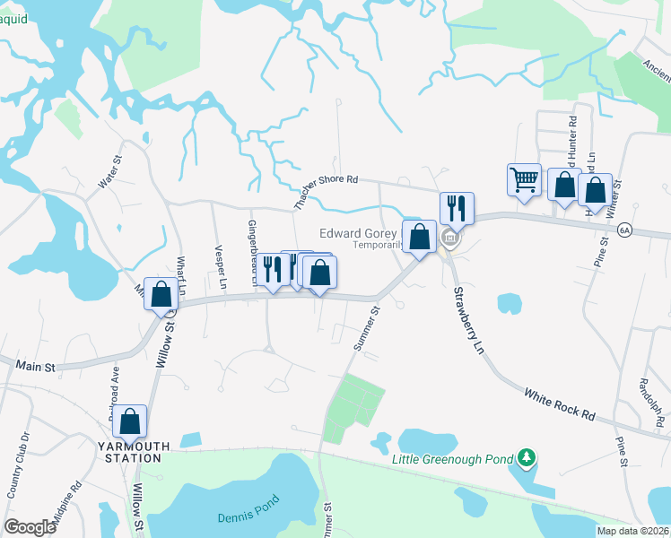 map of restaurants, bars, coffee shops, grocery stores, and more near 190 Massachusetts 6A in Yarmouth