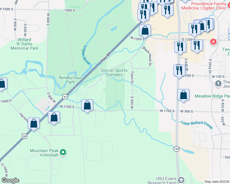 map of restaurants, bars, coffee shops, grocery stores, and more near 1556 Talon Drive in Logan
