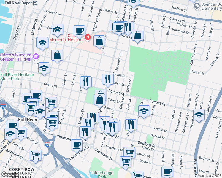 map of restaurants, bars, coffee shops, grocery stores, and more near 857 Locust Street in Fall River