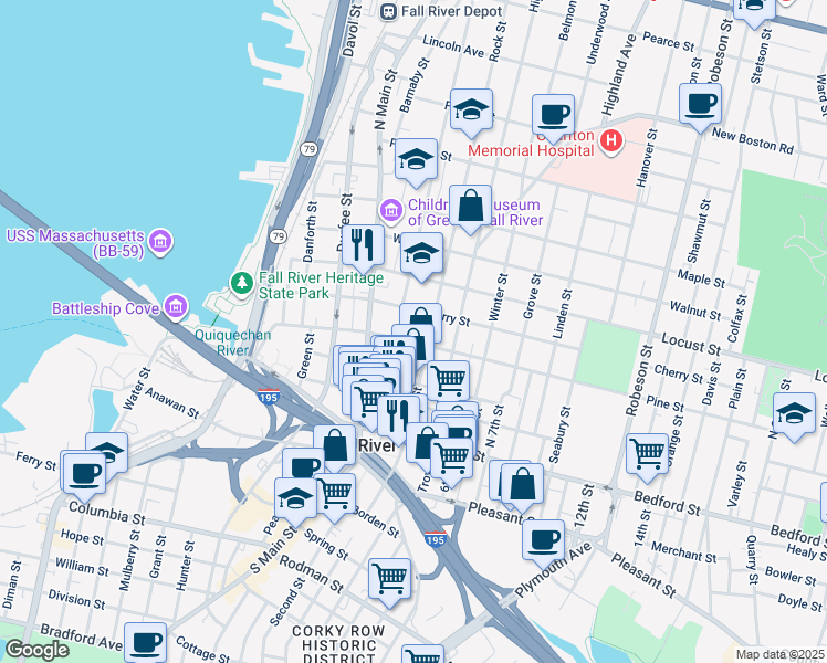 map of restaurants, bars, coffee shops, grocery stores, and more near 203 Rock Street in Fall River