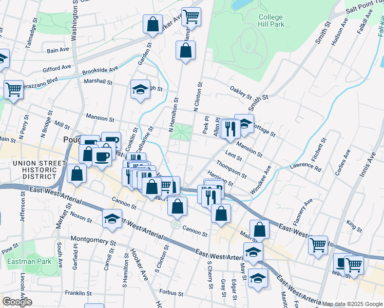 map of restaurants, bars, coffee shops, grocery stores, and more near 39 North Clinton Street in Poughkeepsie