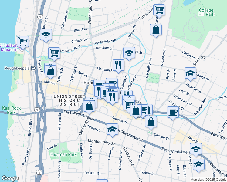 map of restaurants, bars, coffee shops, grocery stores, and more near 302 Mill Street in Poughkeepsie
