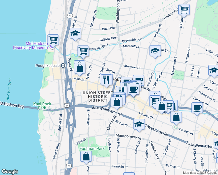 map of restaurants, bars, coffee shops, grocery stores, and more near 220 Main Street in Poughkeepsie
