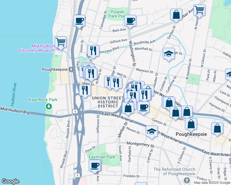 map of restaurants, bars, coffee shops, grocery stores, and more near 15 South Bridge Street in Poughkeepsie