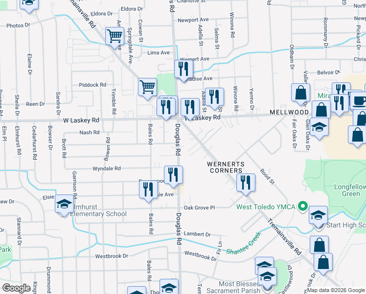 map of restaurants, bars, coffee shops, grocery stores, and more near in Toledo