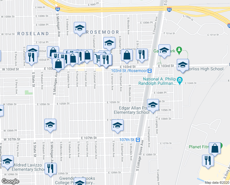 map of restaurants, bars, coffee shops, grocery stores, and more near 10437 South Vernon Avenue in Chicago