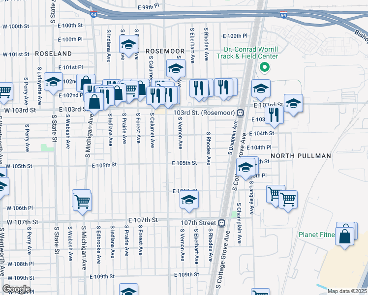 map of restaurants, bars, coffee shops, grocery stores, and more near 10437 South Vernon Avenue in Chicago