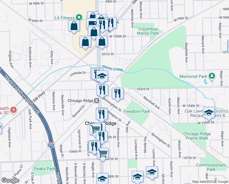 map of restaurants, bars, coffee shops, grocery stores, and more near 10246 Kerry Ridge Court in Chicago Ridge