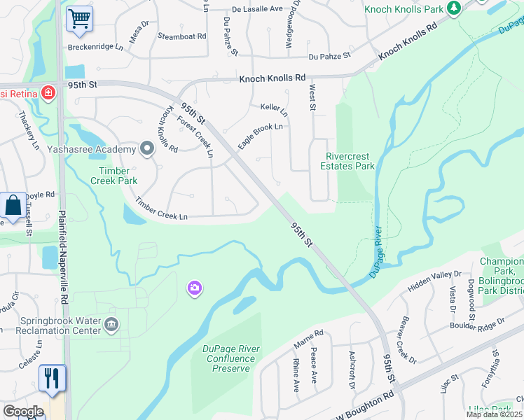 map of restaurants, bars, coffee shops, grocery stores, and more near 3715 Timber Creek Lane in Naperville