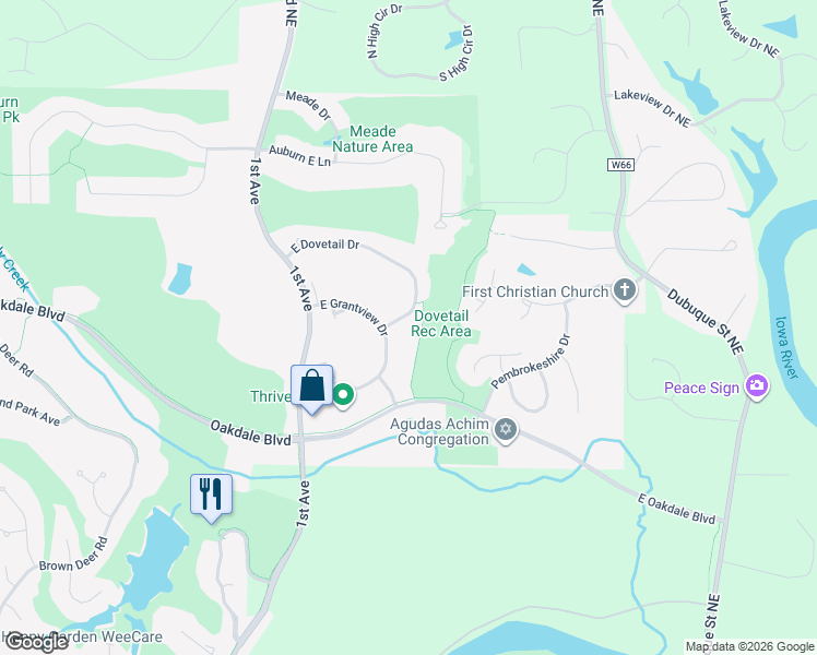 map of restaurants, bars, coffee shops, grocery stores, and more near 283 E Dovetail Dr in Coralville
