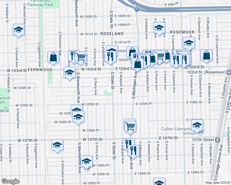 map of restaurants, bars, coffee shops, grocery stores, and more near 10426 South Wabash Avenue in Chicago
