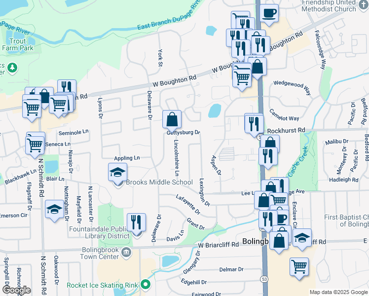 map of restaurants, bars, coffee shops, grocery stores, and more near 227 Plymouth Lane in Bolingbrook