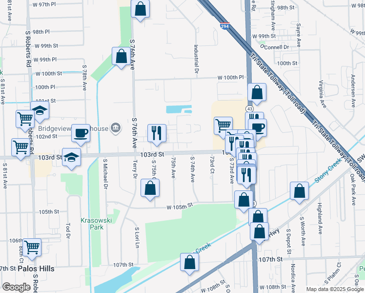map of restaurants, bars, coffee shops, grocery stores, and more near 7131a Claridge Drive in Bridgeview