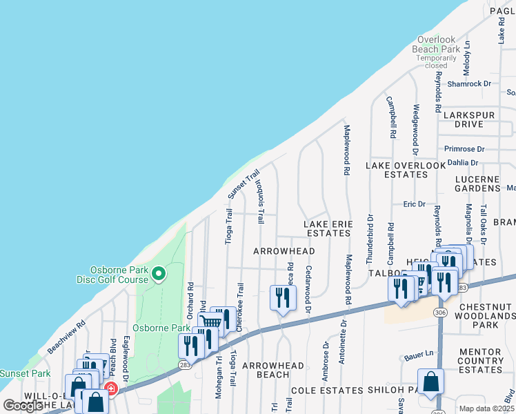 map of restaurants, bars, coffee shops, grocery stores, and more near 542 Iroquois Trail in Willoughby