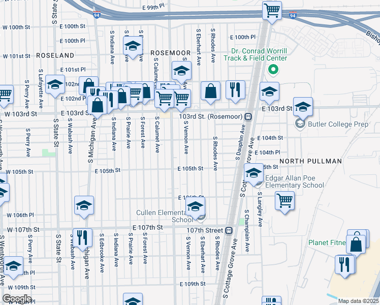 map of restaurants, bars, coffee shops, grocery stores, and more near 10425 South Vernon Avenue in Chicago