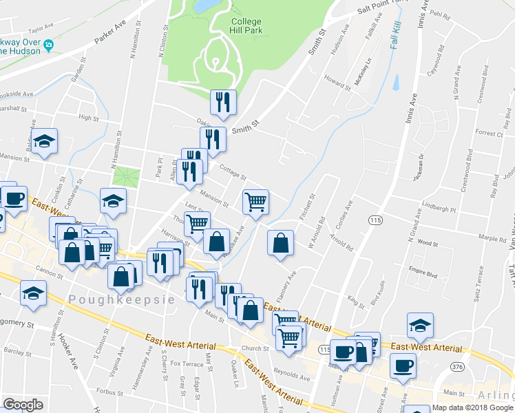 map of restaurants, bars, coffee shops, grocery stores, and more near 202 Winnikee Avenue in Poughkeepsie