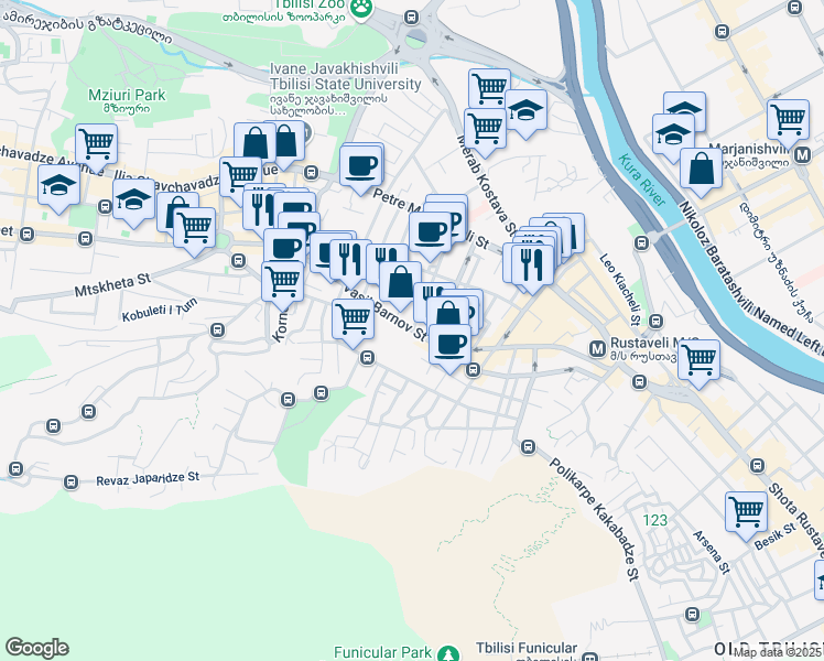 map of restaurants, bars, coffee shops, grocery stores, and more near Vasil Barnov Street in Tbilisi