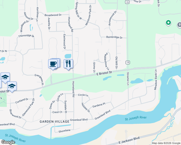 map of restaurants, bars, coffee shops, grocery stores, and more near 4334 East Bristol Street in Elkhart