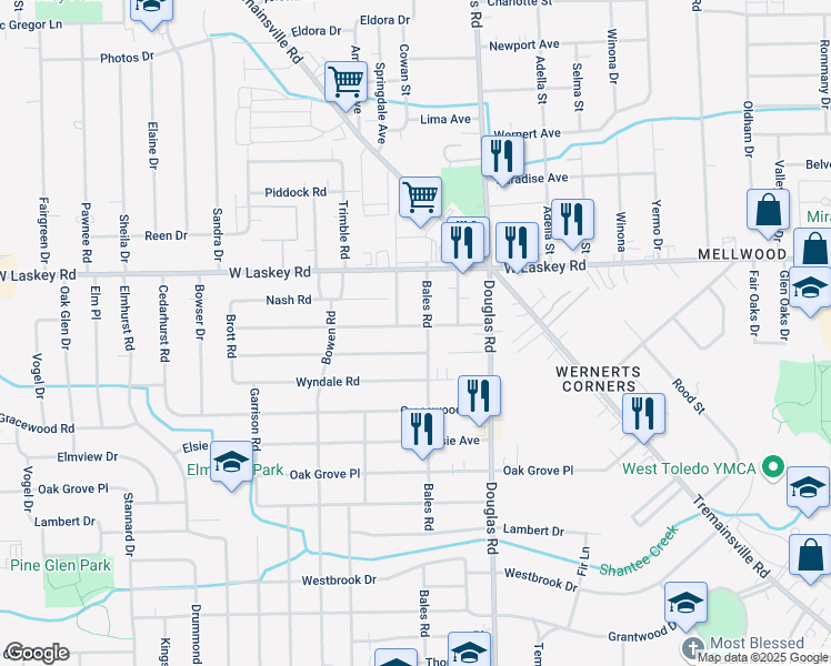 map of restaurants, bars, coffee shops, grocery stores, and more near 2605 Boxwood Road in Toledo