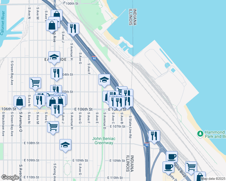 map of restaurants, bars, coffee shops, grocery stores, and more near 10468 South Indianapolis Avenue in Chicago