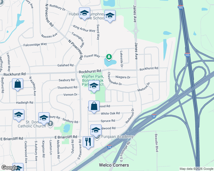map of restaurants, bars, coffee shops, grocery stores, and more near 235 Capitol Drive in Bolingbrook