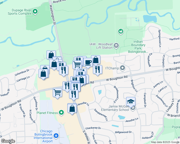 map of restaurants, bars, coffee shops, grocery stores, and more near 1188 West Boughton Road in Bolingbrook