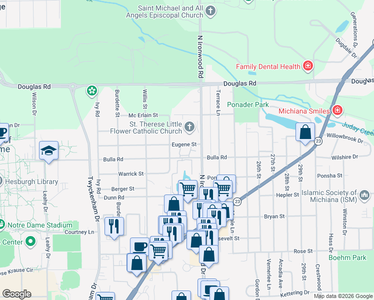 map of restaurants, bars, coffee shops, grocery stores, and more near 18115 Bulla Road in South Bend