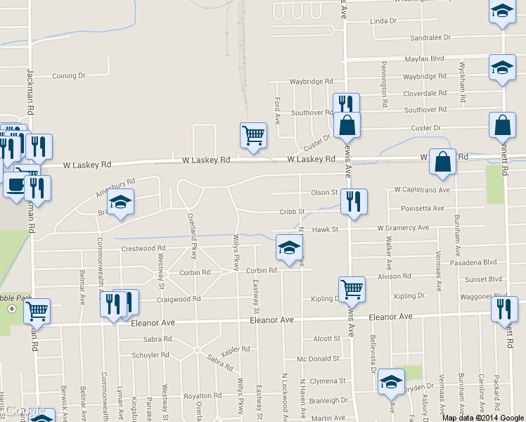 map of restaurants, bars, coffee shops, grocery stores, and more near 1217 Cribb Street in Toledo