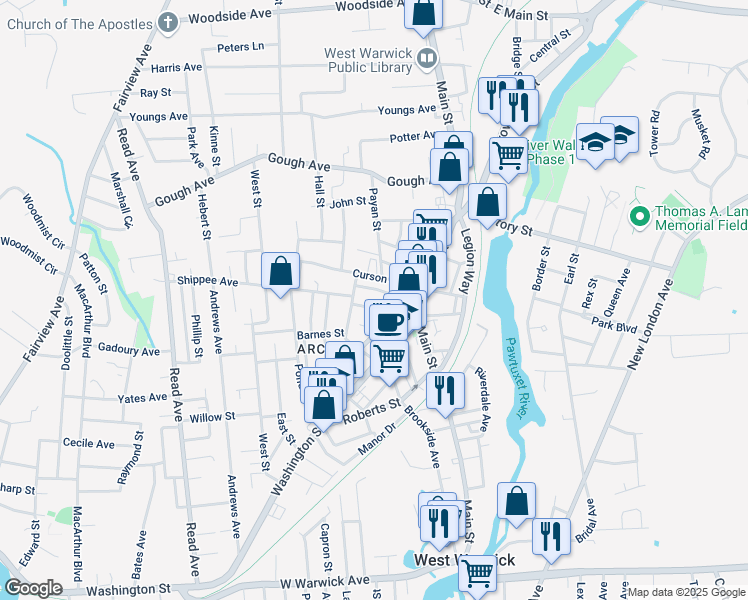 map of restaurants, bars, coffee shops, grocery stores, and more near 14 Gareau Street in West Warwick