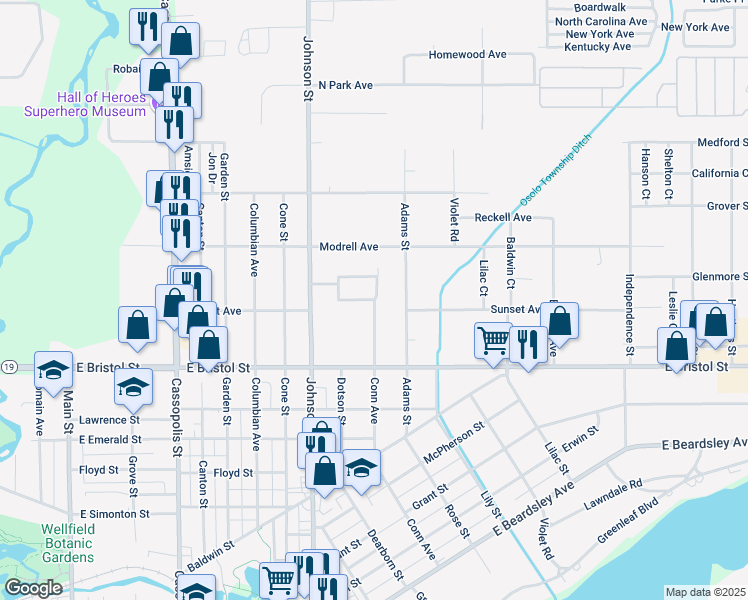 map of restaurants, bars, coffee shops, grocery stores, and more near 977 Northway Circle in Elkhart