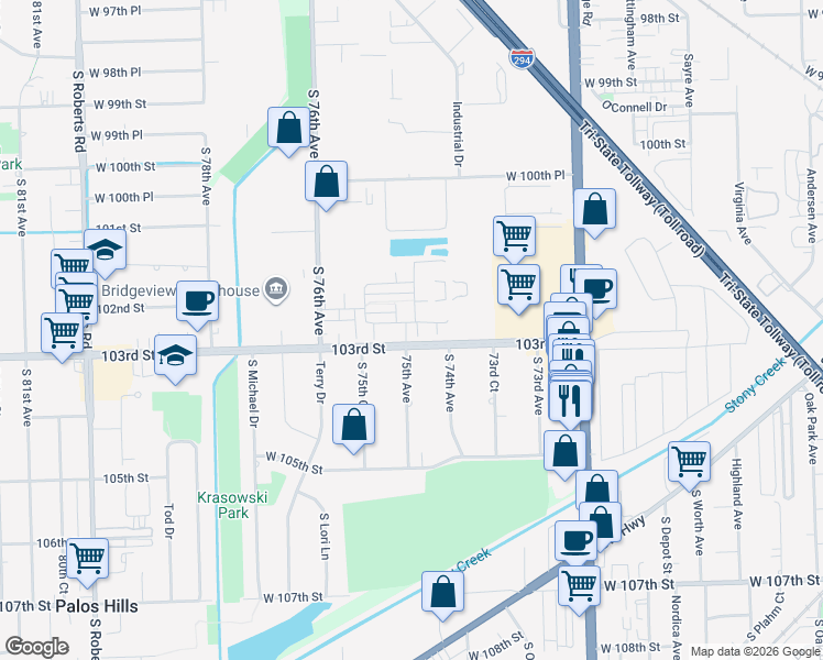 map of restaurants, bars, coffee shops, grocery stores, and more near 7131a Claridge Drive in Bridgeview