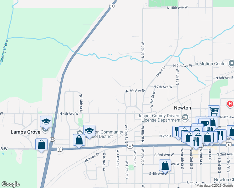 map of restaurants, bars, coffee shops, grocery stores, and more near 1020 North 5th Avenue West in Newton