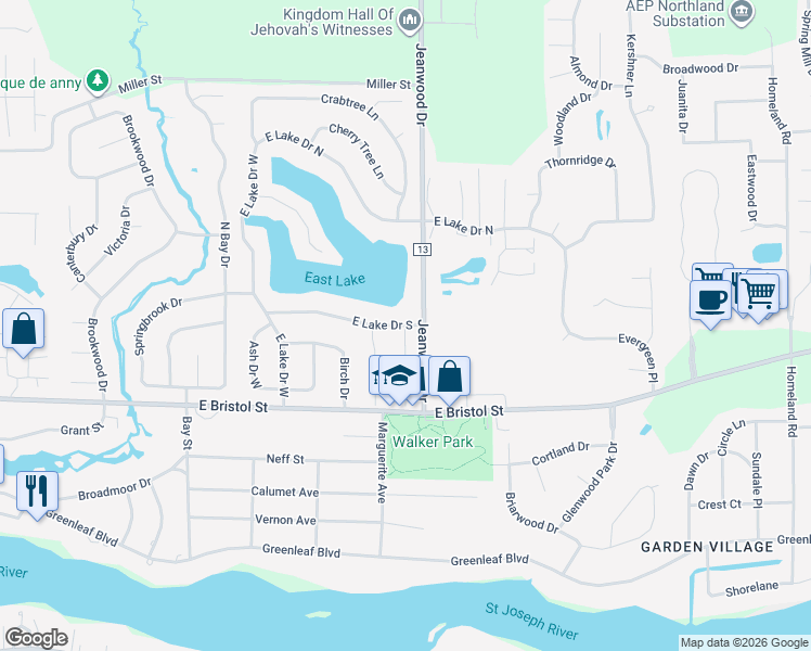 map of restaurants, bars, coffee shops, grocery stores, and more near 1540 Dogwood Drive in Elkhart