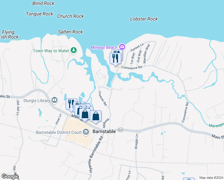 map of restaurants, bars, coffee shops, grocery stores, and more near 207 Millway in Barnstable
