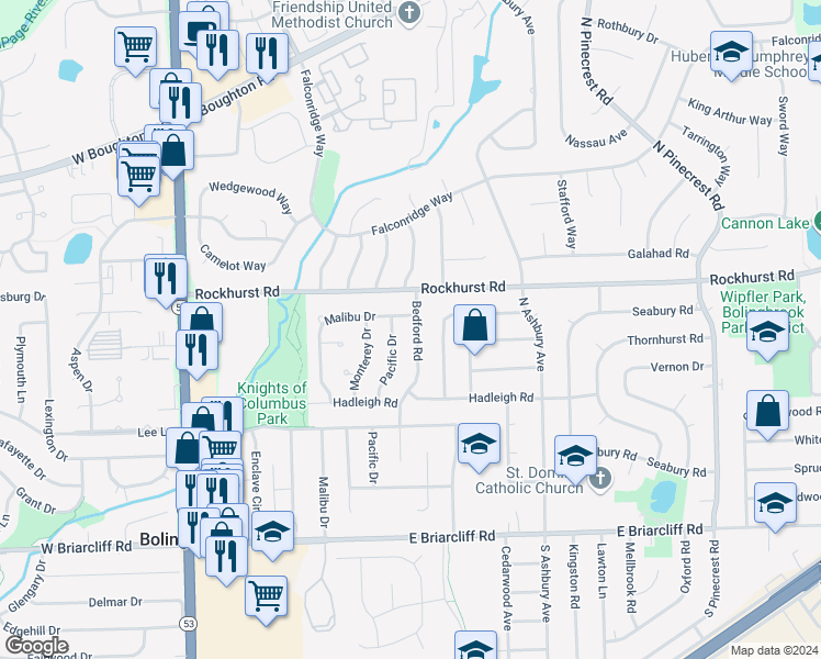 map of restaurants, bars, coffee shops, grocery stores, and more near 223 Bedford Road in Bolingbrook