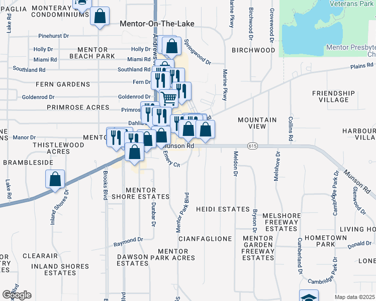 map of restaurants, bars, coffee shops, grocery stores, and more near 7865 Emery Circle in Mentor