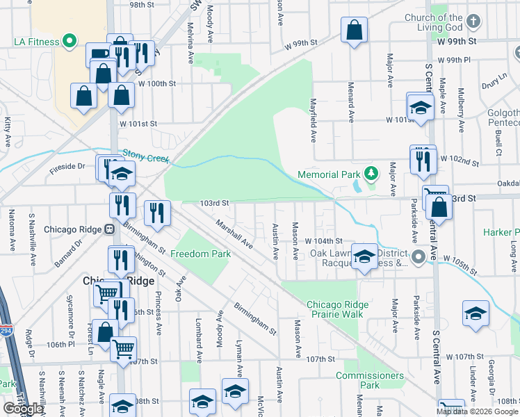 map of restaurants, bars, coffee shops, grocery stores, and more near 10306 McVicker Avenue in Chicago Ridge