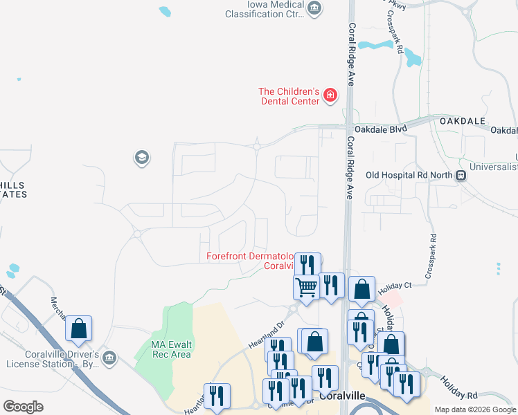 map of restaurants, bars, coffee shops, grocery stores, and more near 2861 Spring Rose Circle in Coralville